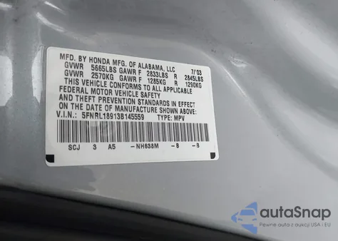2003 Honda Odyssey Ex-L z USA, uszkodzony, nr VIN 5FNRL18913B145559